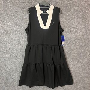 NEW Nautica Jeans Sleeveless Tiered Collar Dress Black Women's Size L